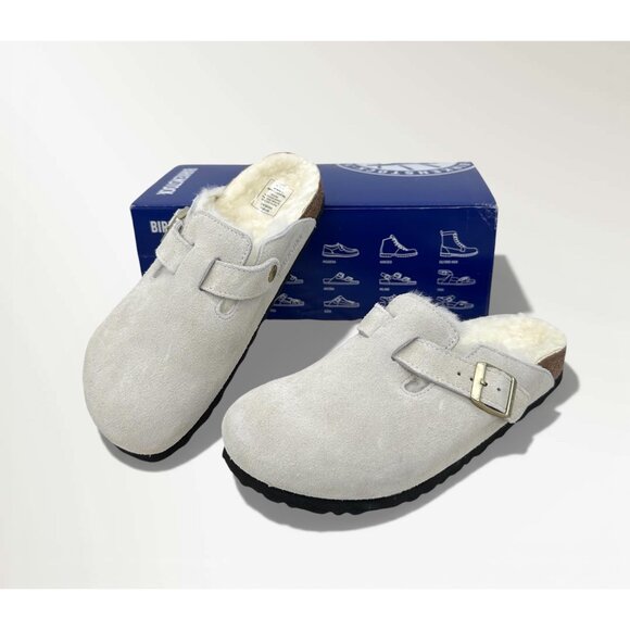 Birkenstock Boston Shearling Suede Clogs Antique White EU 38 Fur Lined - Picture 7 of 16